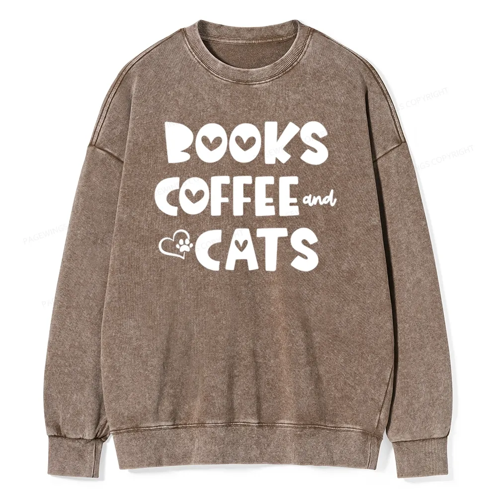 Pagewing Books Coffee and Cats Unisex Washed Sweatshirt