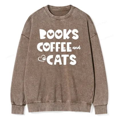 Pagewing Books Coffee and Cats Unisex Washed Sweatshirt