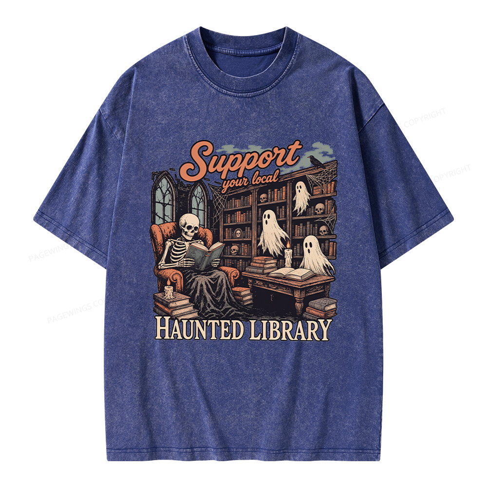 Pagewings Support Your Local Haunted Library Unisex Washed T-shirt
