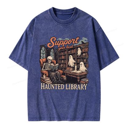Pagewings Support Your Local Haunted Library Unisex Washed T-shirt