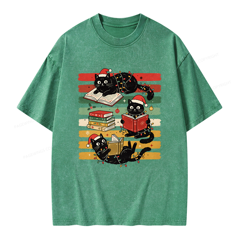 Pagewings Bookish Cat Christmas Unisex Washed T-shirt