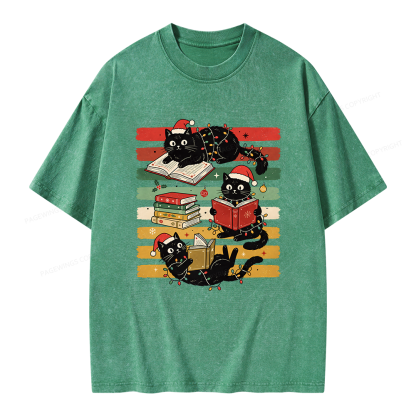 Pagewings Bookish Cat Christmas Unisex Washed T-shirt