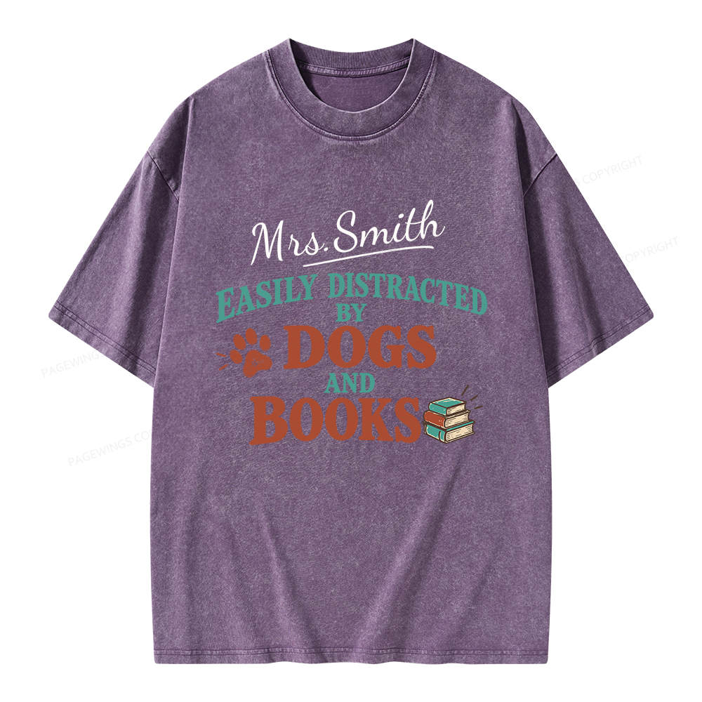 Pagewings Personalized Easily Distracted by Dogs and Books Unisex Washed T-shirt