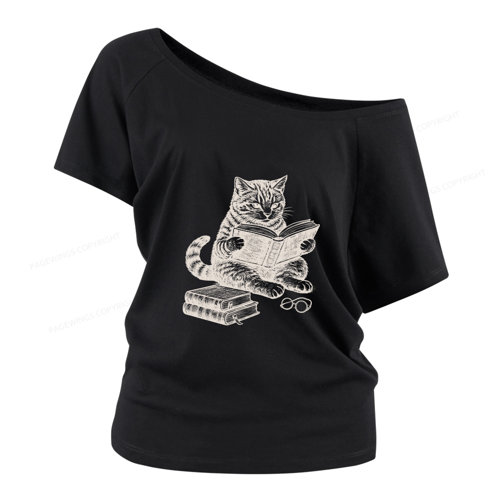 Pagewings Cat Reading Book Women Off Shoulder T-shirts