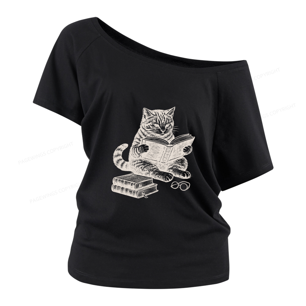 Pagewings Cat Reading Book Women Off Shoulder T-shirts