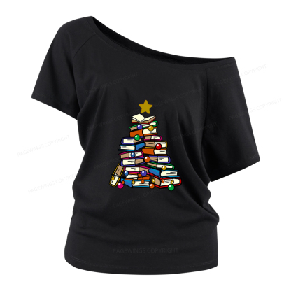 Pagewings Christmas Tree Bookworm Women Off Shoulder T-shirts