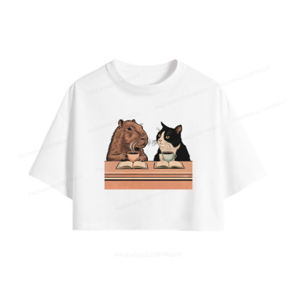 Pagewings Capybara and Tuxedo Cat Chilling with Coffee Women Crop Tops