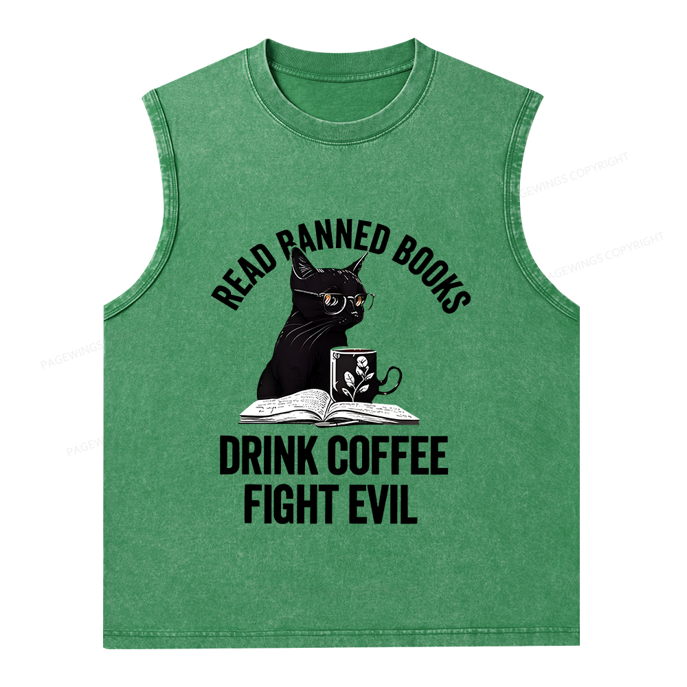 Pagewings Read Books Drink Coffee Fight Evil Shirt Unisex Washed Tank Top