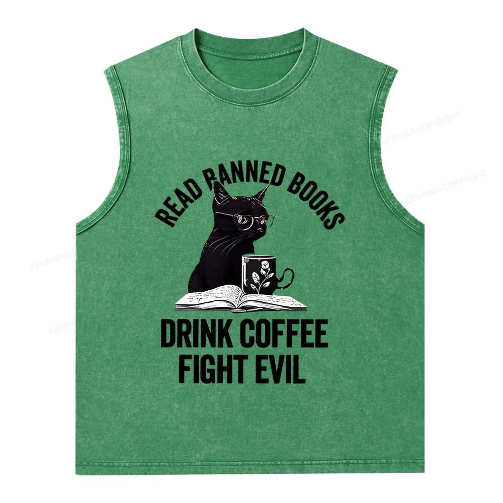Pagewings Read Books Drink Coffee Fight Evil Shirt Unisex Washed Tank Top
