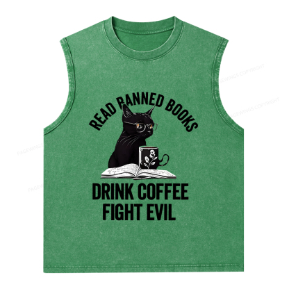 Pagewings Read Books Drink Coffee Fight Evil Shirt Unisex Washed Tank Top