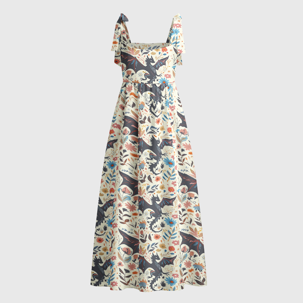 Pagewings Square Neck Fantasy Dragon Tie Shoulder Maxi Dress