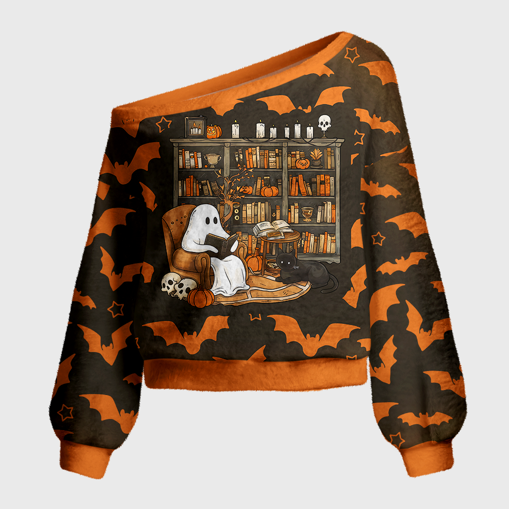 Pagewings Halloween Bookish Off Shoulder Ugly Knit Sweater