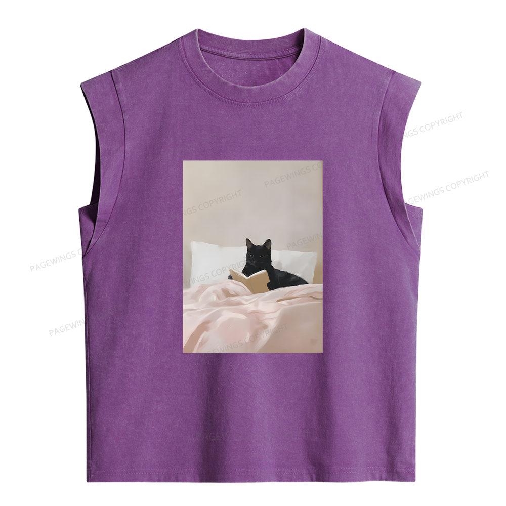 Pagewings Cat Reading in Bed Women's Washed Tank Top