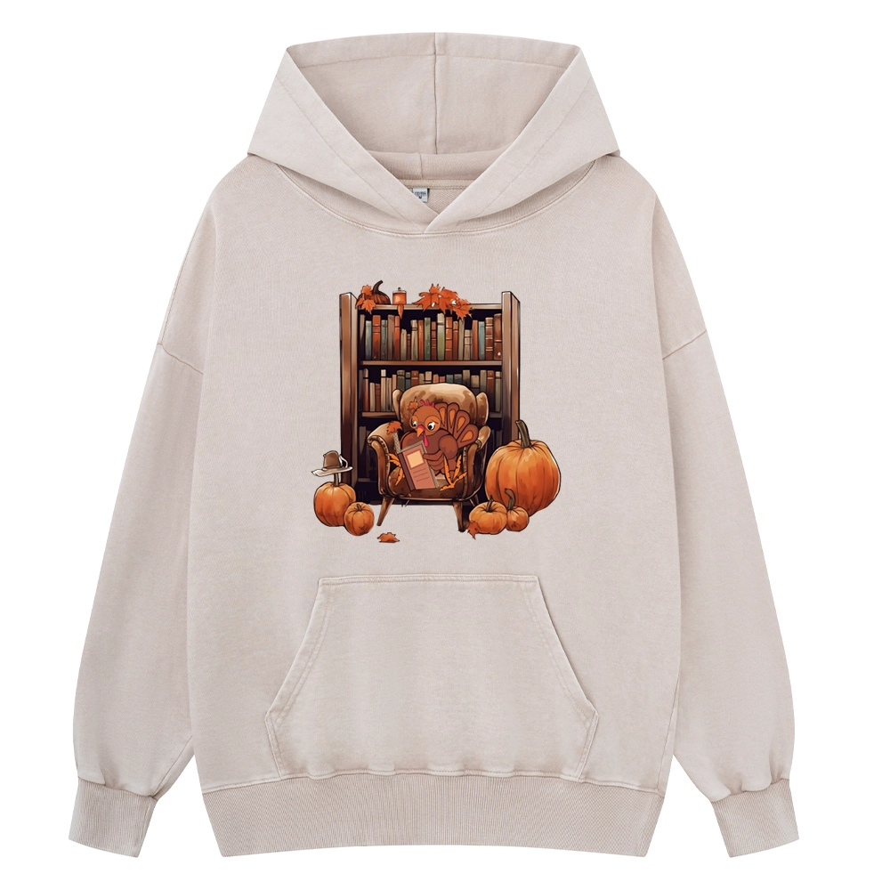 Pagewings Thanksgiving Turkey Reading Unisex Washed Hoodie