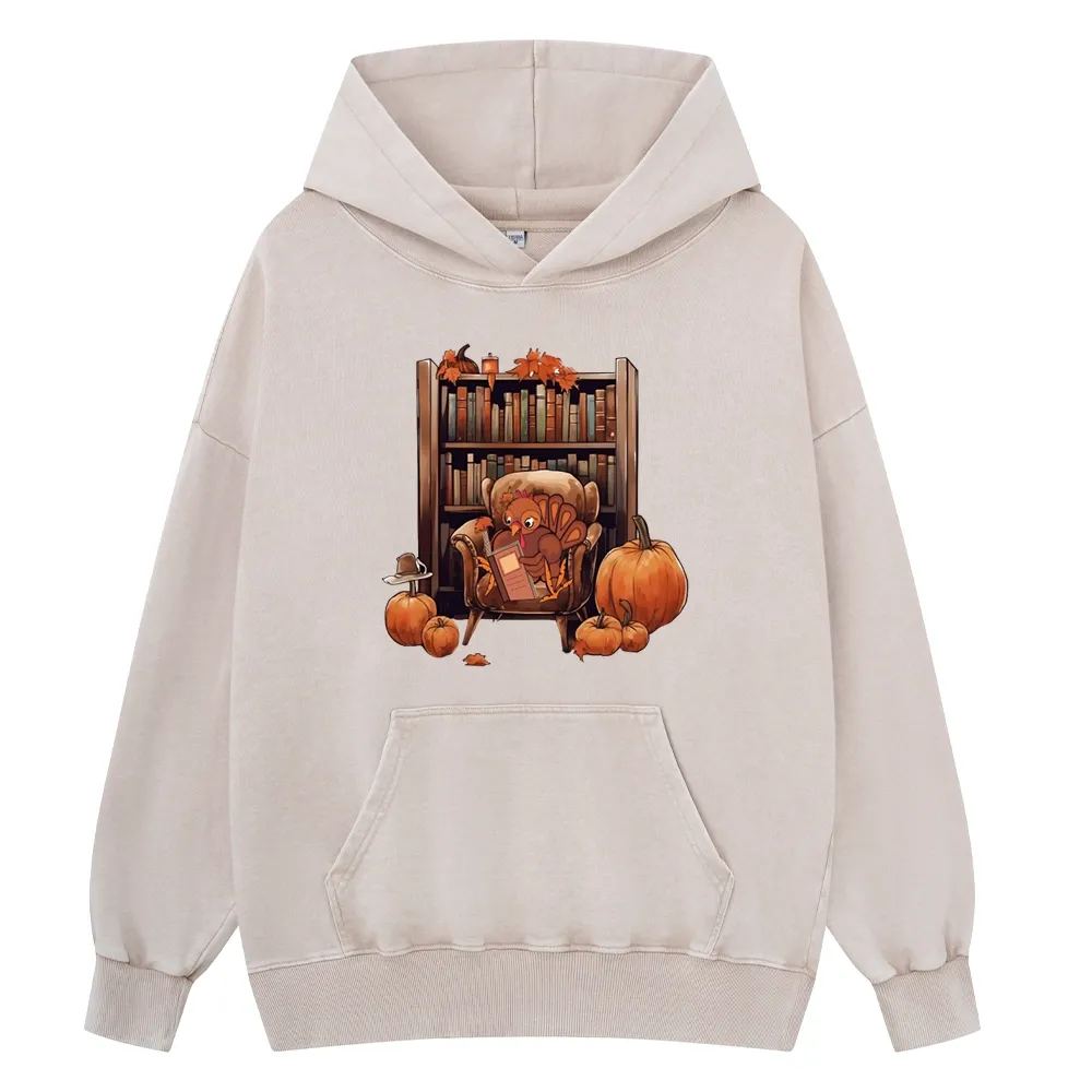 Pagewings Thanksgiving Turkey Reading Unisex Washed Hoodie