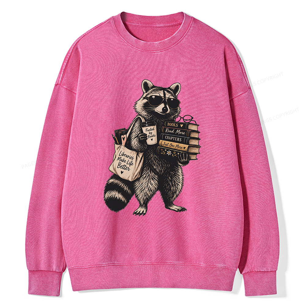 Pagewings Book Lover Raccoon Unisex Washed Sweatshirt