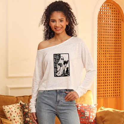 Pagewings Book Lover Halloween Slouchy Long Sleeve Off Shoulder T-shirt