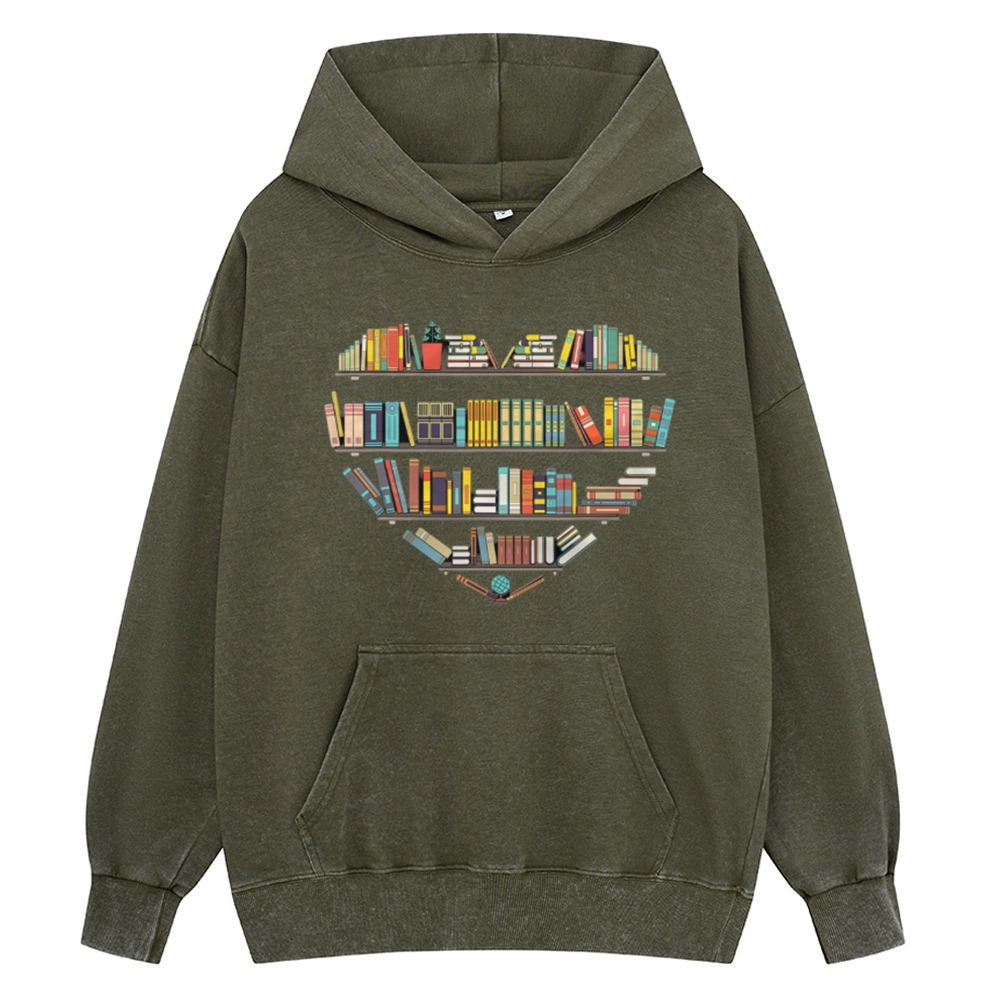 Pagewings Heart Bookshelves Unisex Washed Hoodie