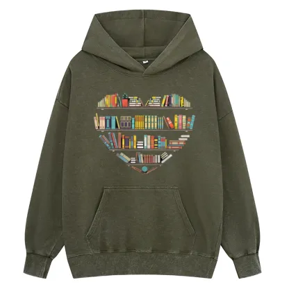 Pagewings Heart Bookshelves Unisex Washed Hoodie