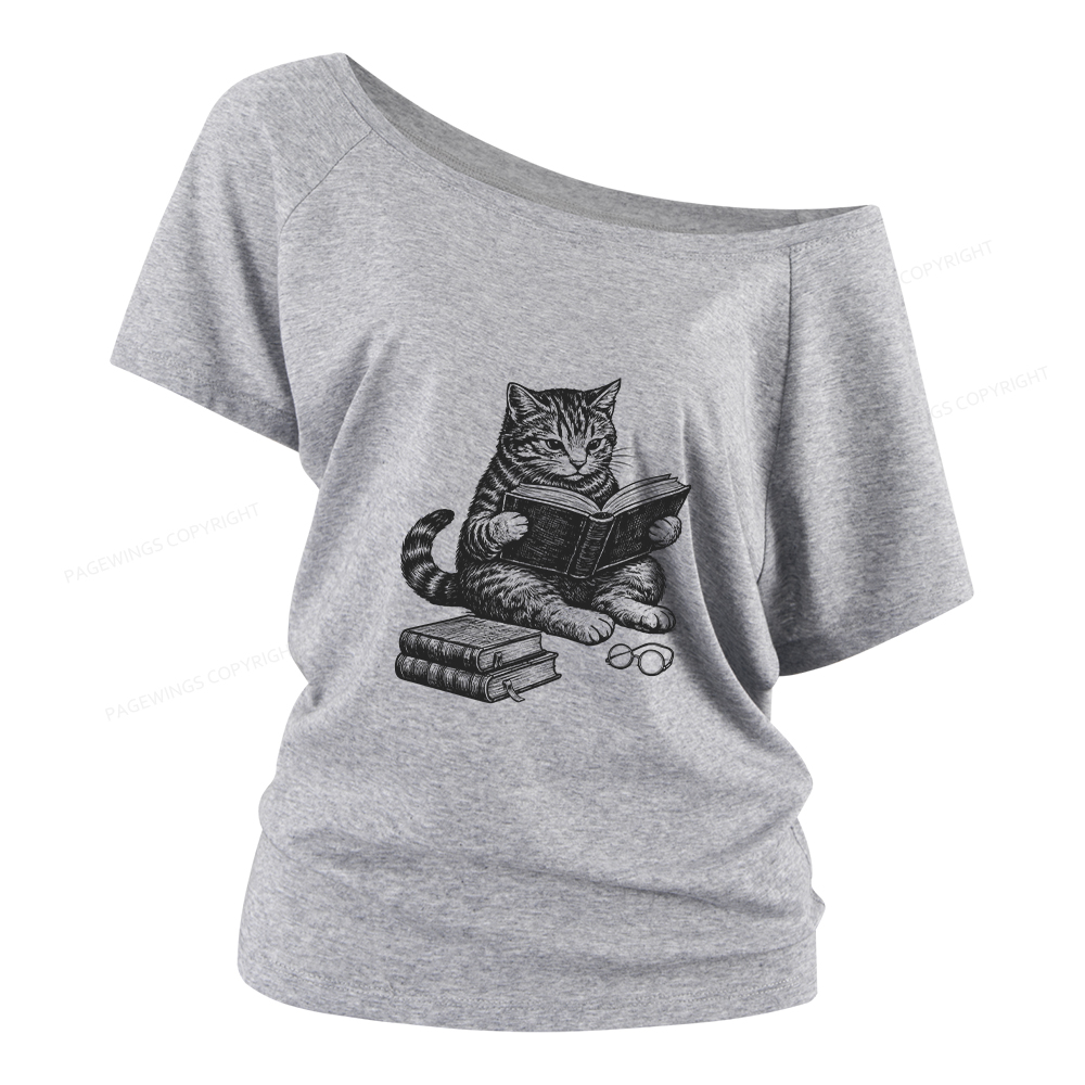 Pagewings Cat Reading Book Women Off Shoulder T-shirts