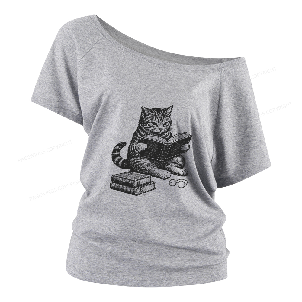 Pagewings Cat Reading Book Women Off Shoulder T-shirts