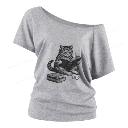 Pagewings Cat Reading Book Women Off Shoulder T-shirts