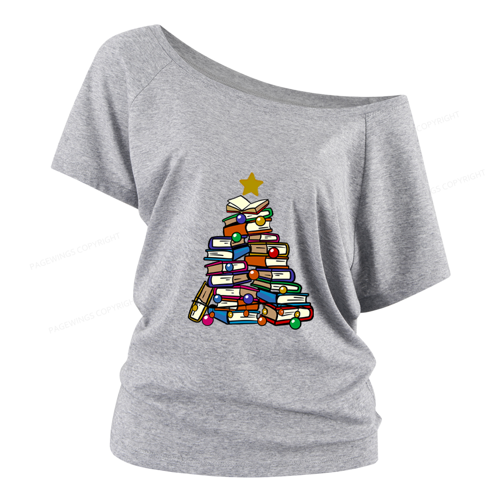 Pagewings Christmas Tree Bookworm Women Off Shoulder T-shirts