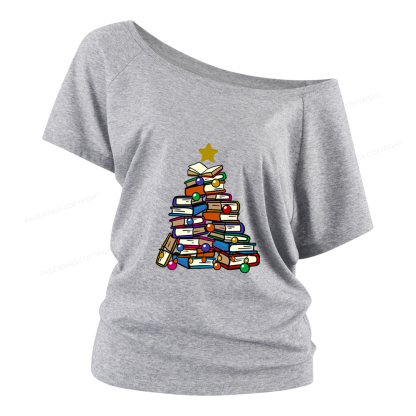 Pagewings Christmas Tree Bookworm Women Off Shoulder T-shirts