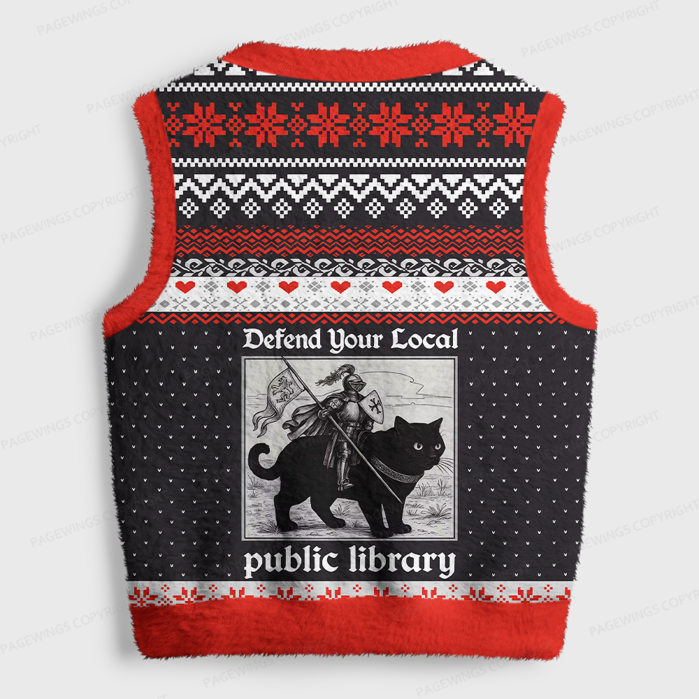 Pagewings Defend the Public Library Women's V-Neck Ugly Knit Vest