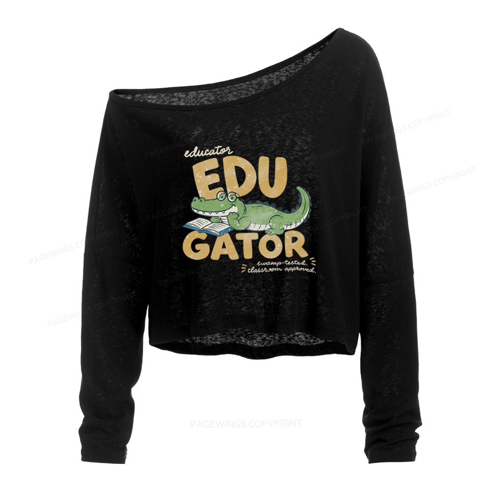Pagewings Retro Alligator Teacher Slouchy Long Sleeve Off Shoulder T-shirt