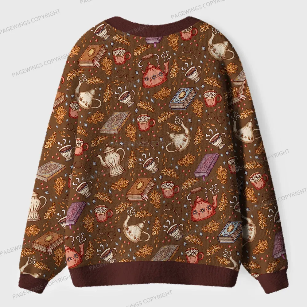 Pagewings Cozy Books And Tea Unisex Ugly Cardigan Sweaters
