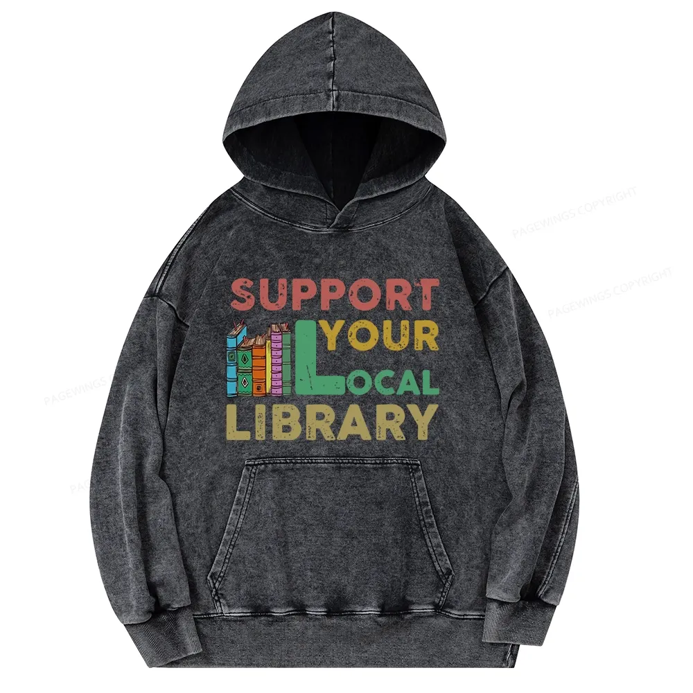 Pagewings Support Your Local Library Unisex Washed Hoodie