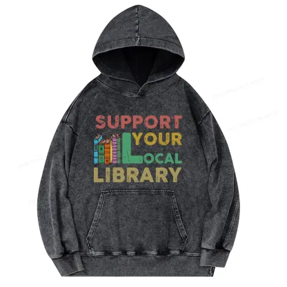 Pagewings Support Your Local Library Unisex Washed Hoodie