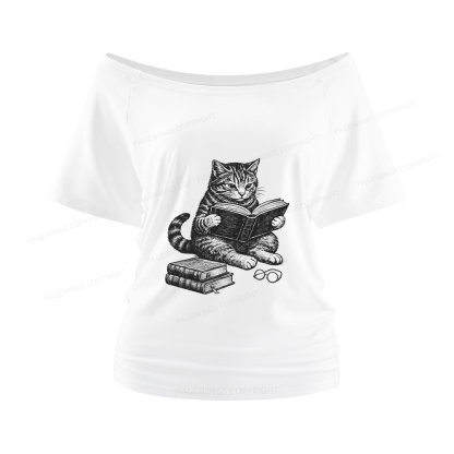 Pagewings Cat Reading Book Women Off Shoulder T-shirts