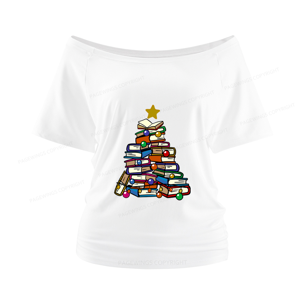 Pagewings Christmas Tree Bookworm Women Off Shoulder T-shirts