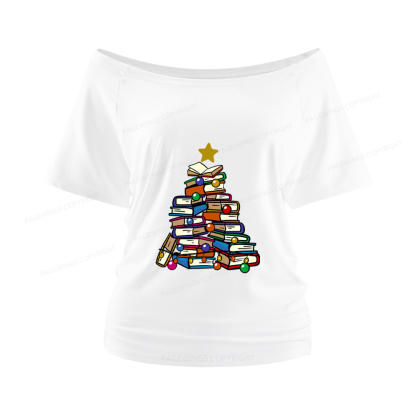 Pagewings Christmas Tree Bookworm Women Off Shoulder T-shirts