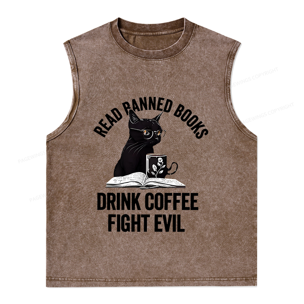 Pagewings Read Books Drink Coffee Fight Evil Shirt Unisex Washed Tank Top