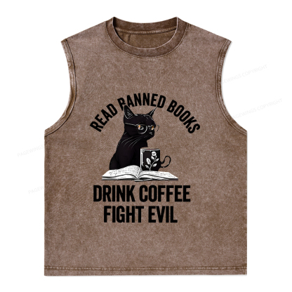 Pagewings Read Books Drink Coffee Fight Evil Shirt Unisex Washed Tank Top