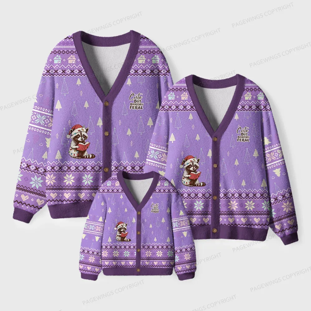 Pagewings Cute But Bookishly Feral Unisex Ugly Cardigan Sweaters