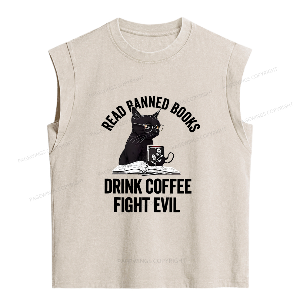 Pagewings Read Books Drink Coffee Fight Evil Women's Washed Tank Top