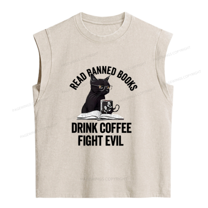 Pagewings Read Books Drink Coffee Fight Evil Women's Washed Tank Top
