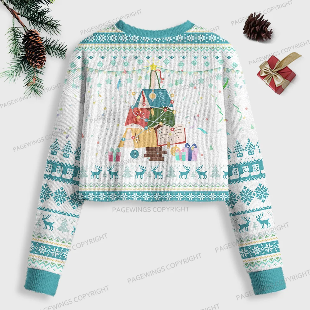 Pagewings Christmas Book Tree Women Ugly Crop Sweatshirt