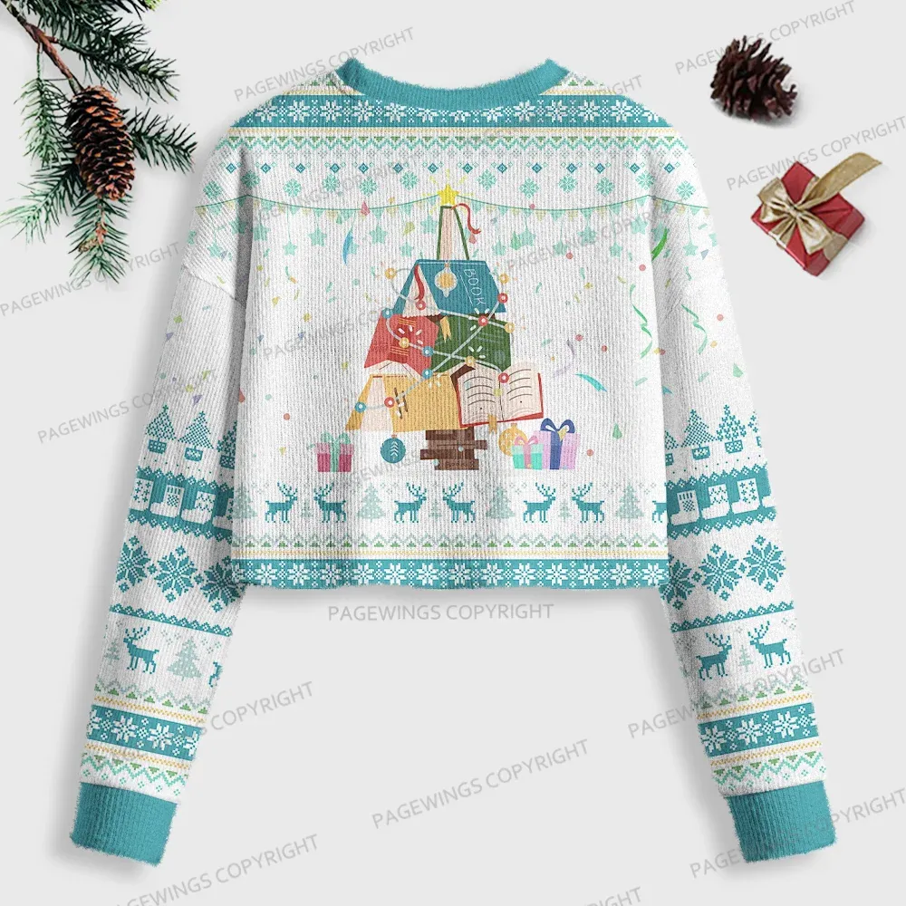 Pagewings Christmas Book Tree Women Ugly Crop Sweatshirt