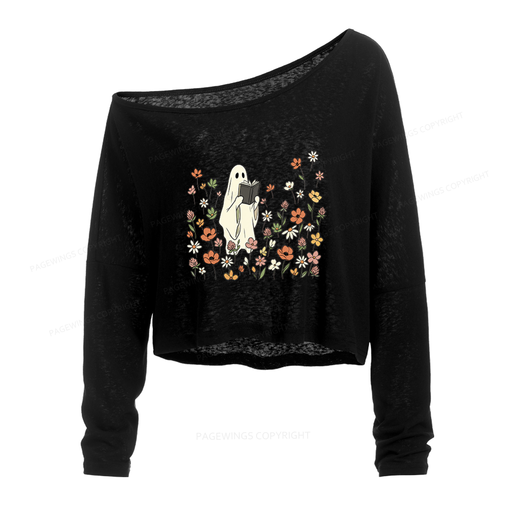 Pagewing Reading Ghost Slouchy Long Sleeve Off Shoulder T-shirt