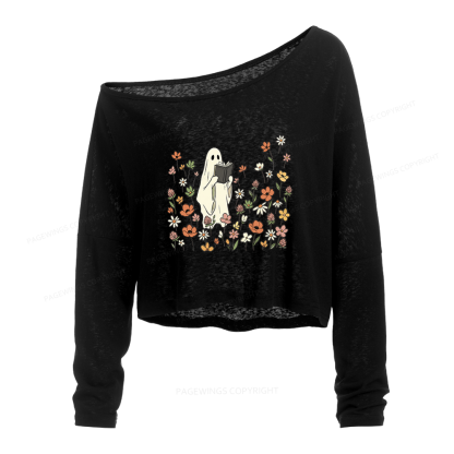 Pagewing Reading Ghost Slouchy Long Sleeve Off Shoulder T-shirt