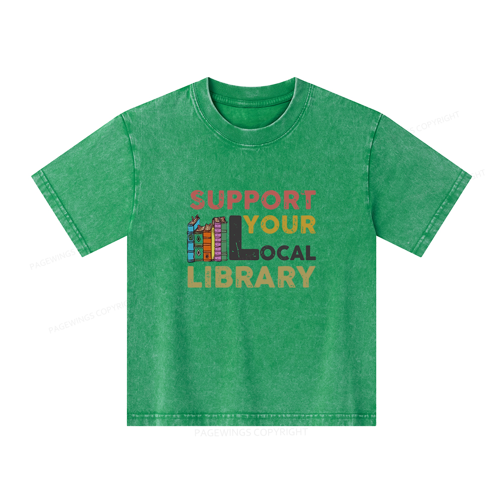Pagewings Support Your Local Library Unisex Kids Washed T-shirt