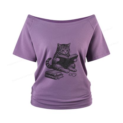 Pagewings Cat Reading Book Women Off Shoulder T-shirts