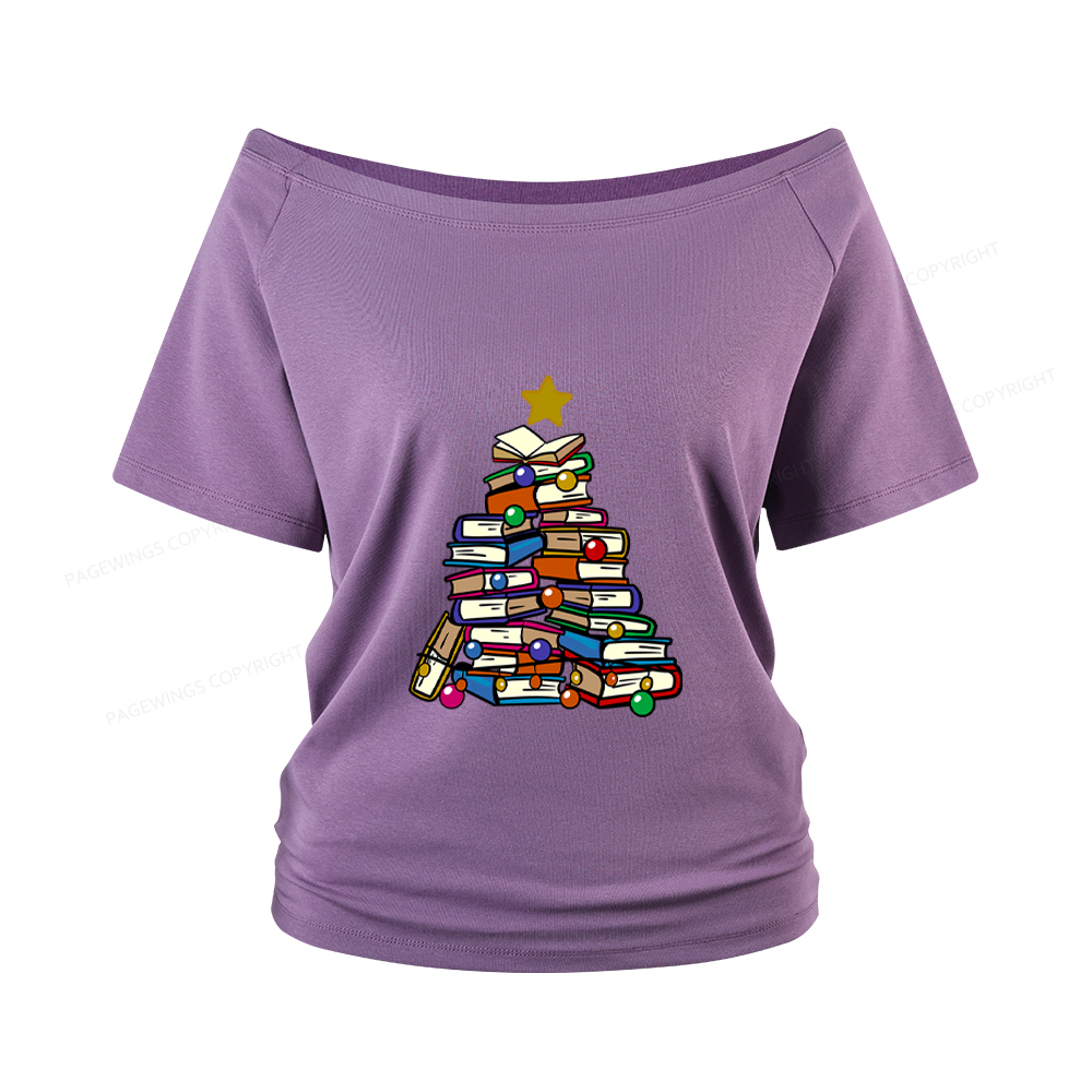 Pagewings Christmas Tree Bookworm Women Off Shoulder T-shirts
