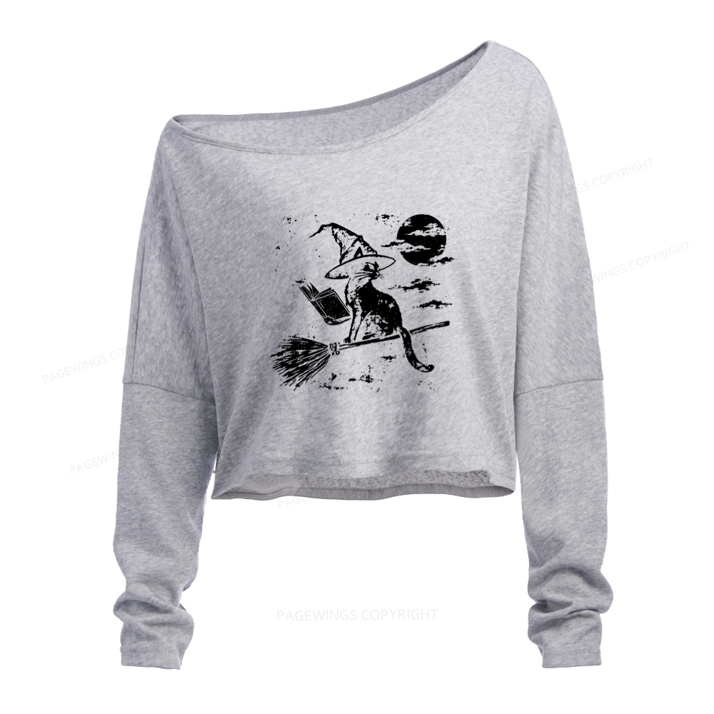 Pagewings Witchy Cat Slouchy Long Sleeve Off Shoulder T-shirt