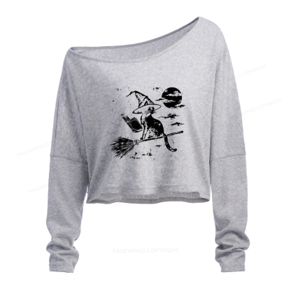 Pagewings Witchy Cat Slouchy Long Sleeve Off Shoulder T-shirt